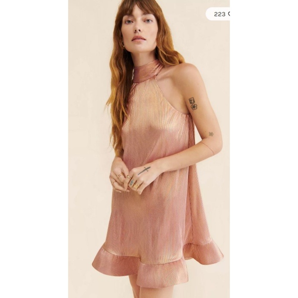 NWT SAYLOR Rose Gold Metallic Pleated Mini Dress Halter Neck Tie Back XS